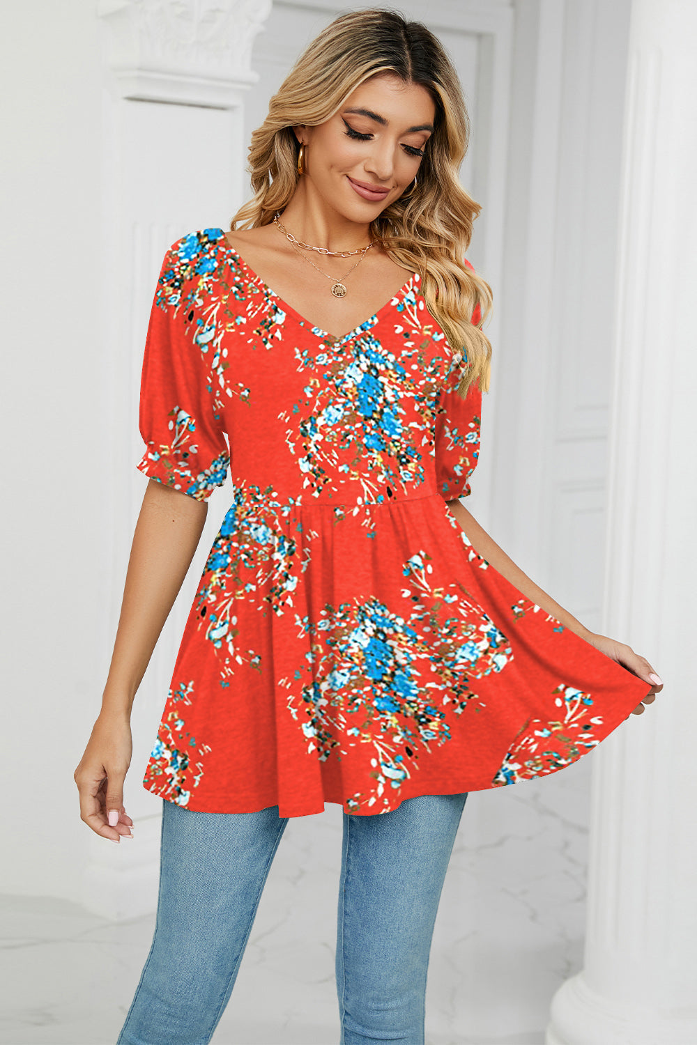 V-Neck Babydoll Blouse BLUE ZONE PLANET