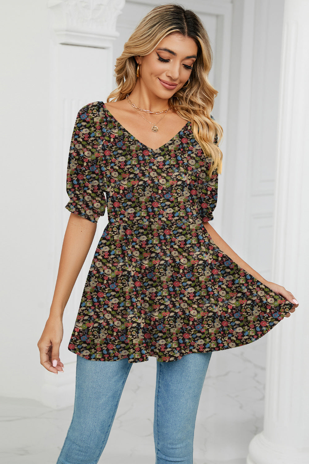 V-Neck Babydoll Blouse BLUE ZONE PLANET