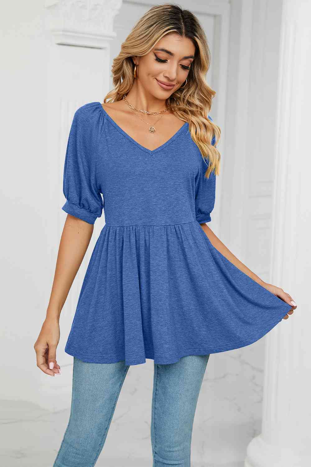 V-Neck Babydoll Top BLUE ZONE PLANET