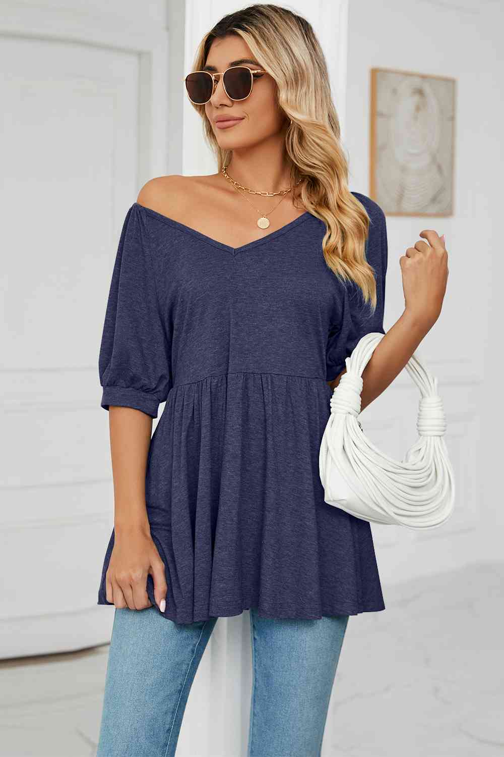 V-Neck Babydoll Top BLUE ZONE PLANET