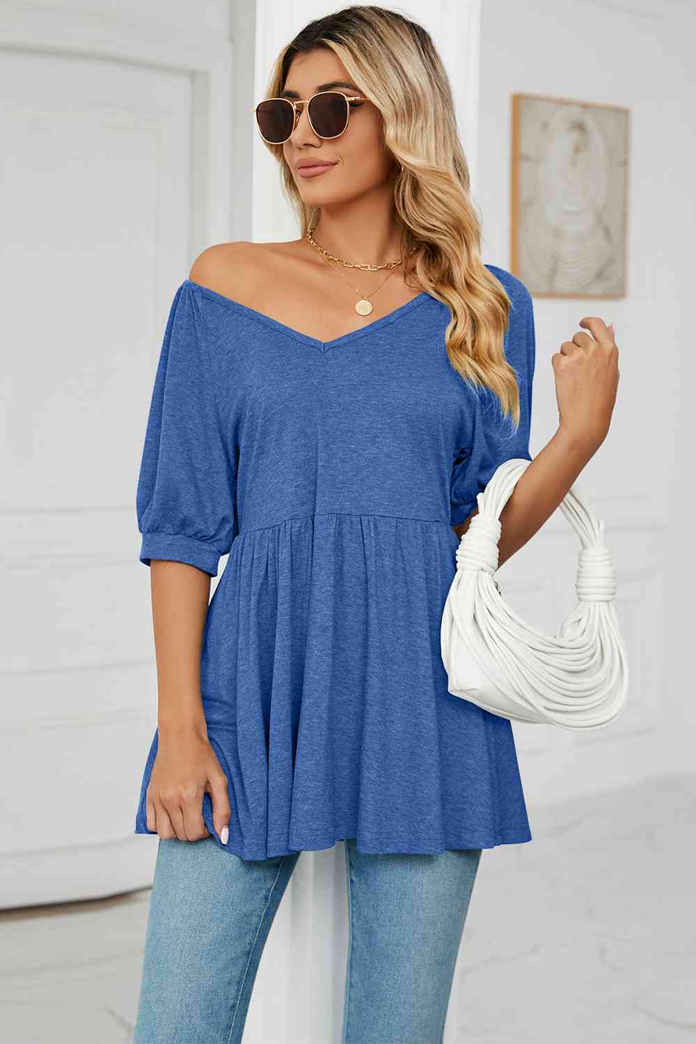 V-Neck Babydoll Top BLUE ZONE PLANET