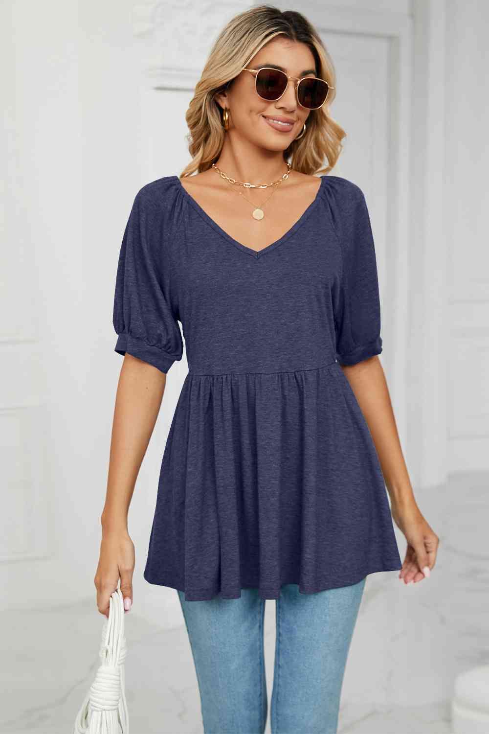 V-Neck Babydoll Top BLUE ZONE PLANET