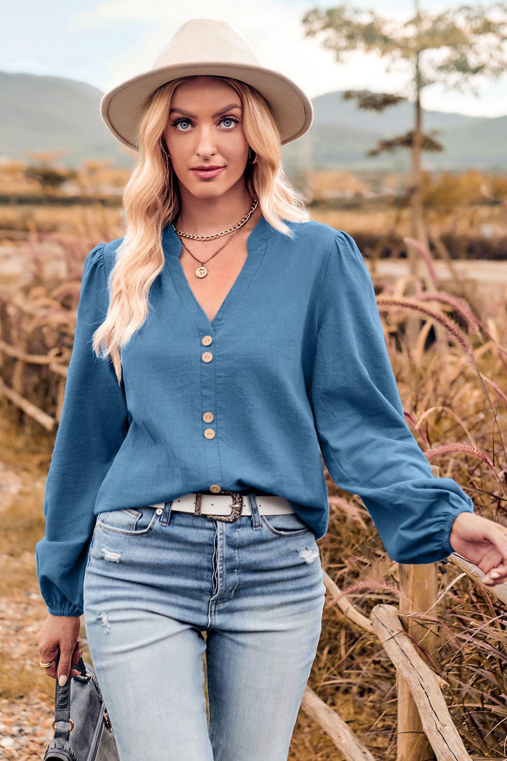 V-Neck Balloon Sleeve Button-Up Blouse BLUE ZONE PLANET