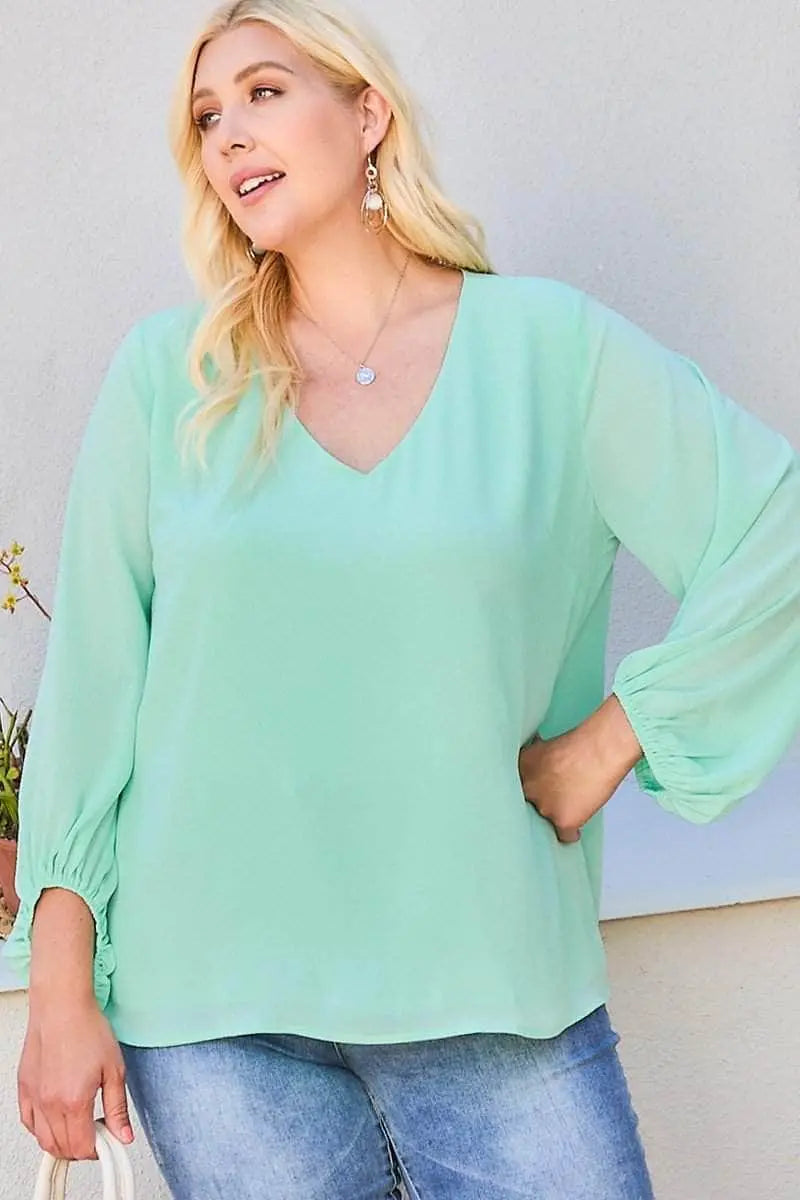 V Neck Bubble Sleeve Solid Top Blue Zone Planet