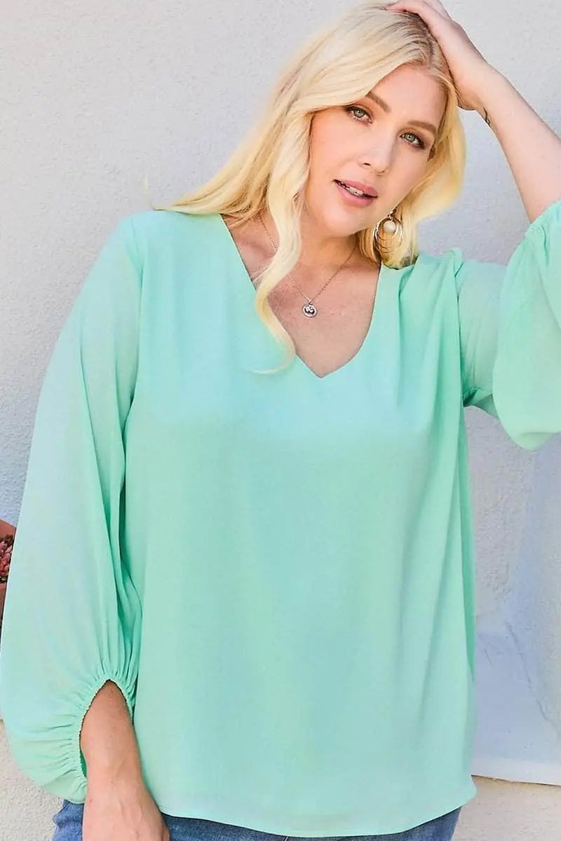 V Neck Bubble Sleeve Solid Top Blue Zone Planet