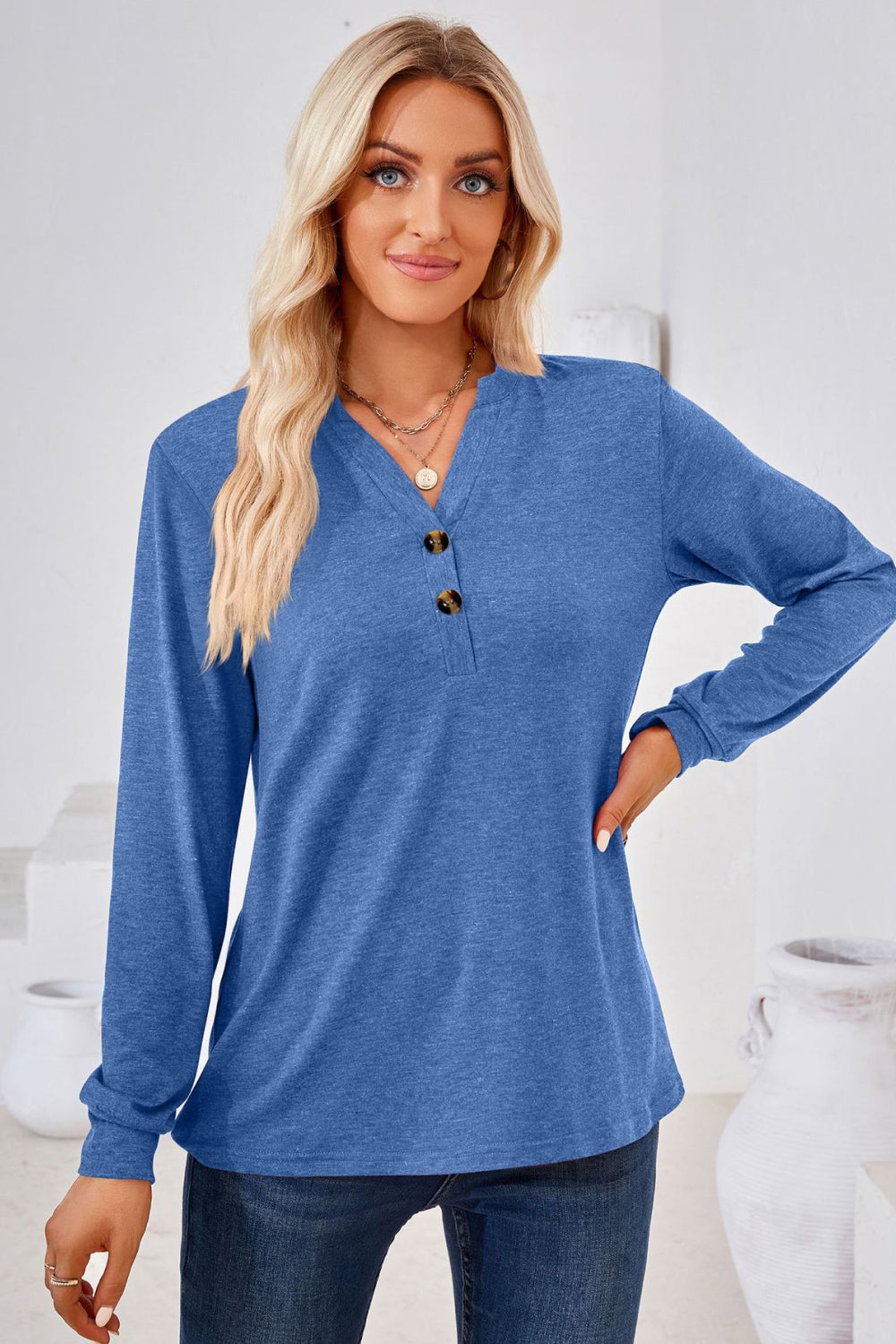 V-Neck Buttoned Long Sleeve Blouse BLUE ZONE PLANET