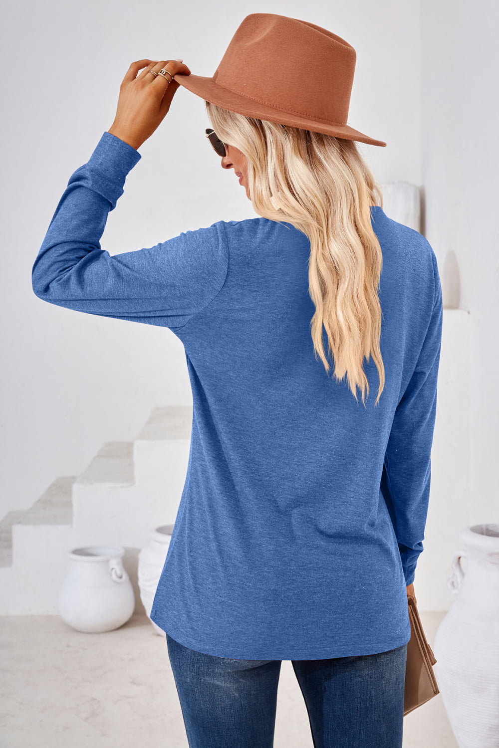 V-Neck Buttoned Long Sleeve Blouse BLUE ZONE PLANET