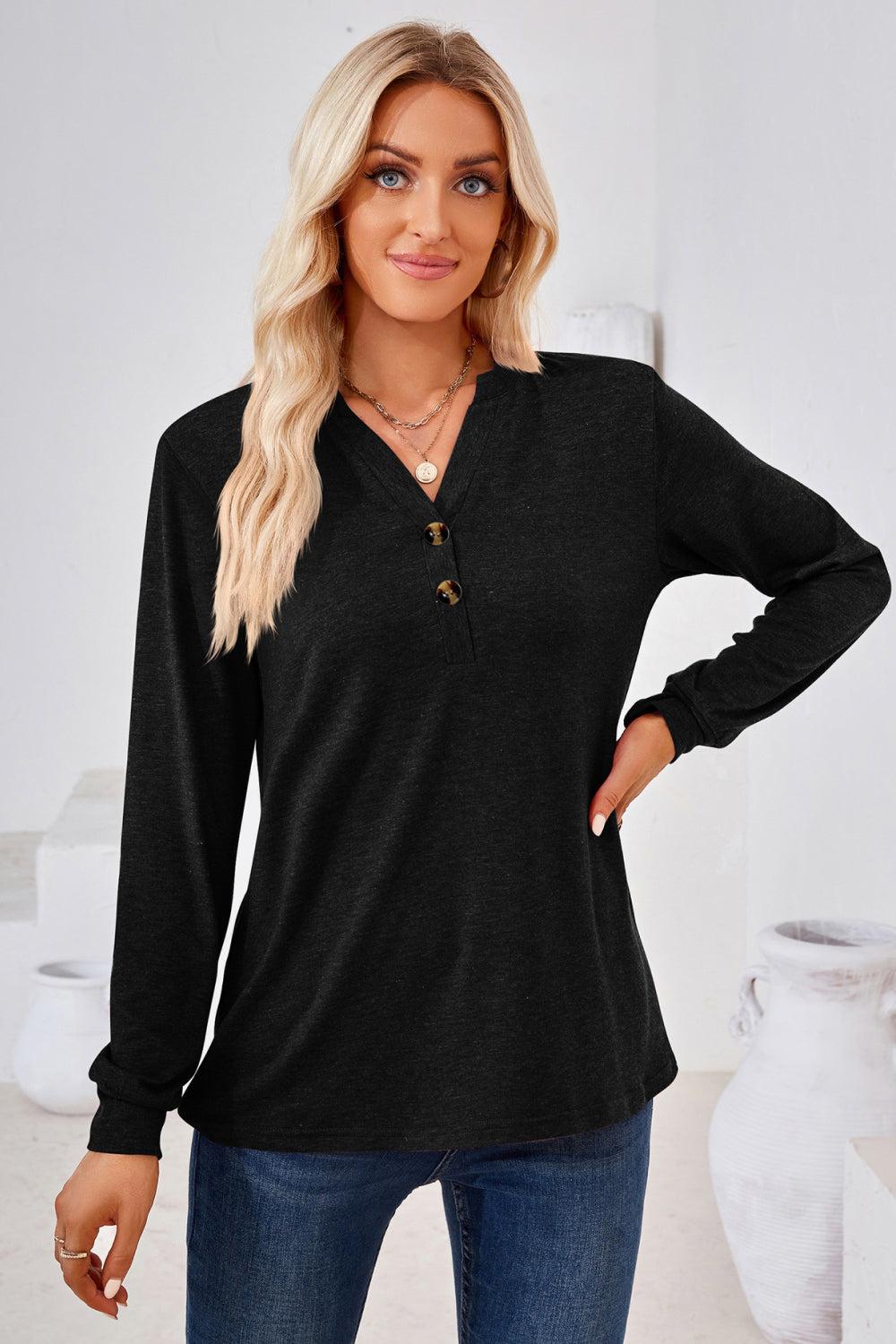 V-Neck Buttoned Long Sleeve Blouse BLUE ZONE PLANET