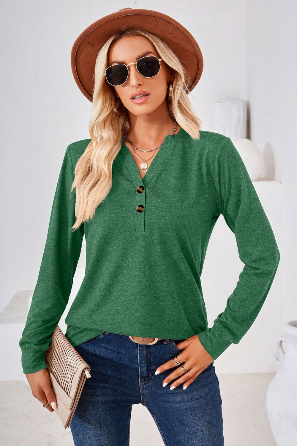 V-Neck Buttoned Long Sleeve Blouse BLUE ZONE PLANET