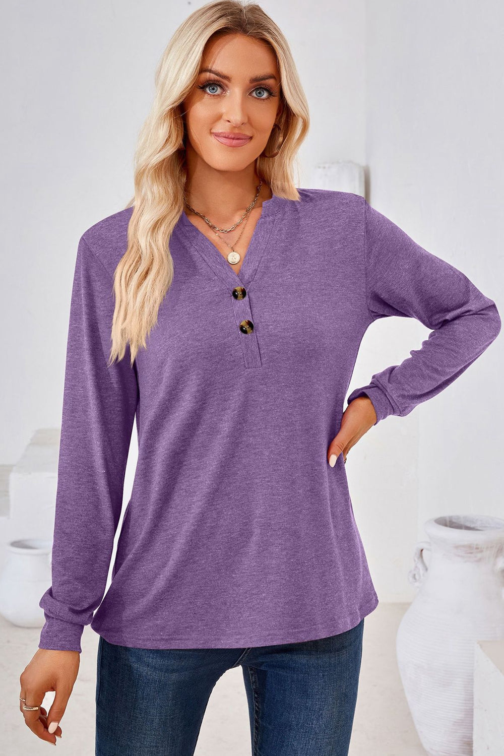 V-Neck Buttoned Long Sleeve Blouse BLUE ZONE PLANET