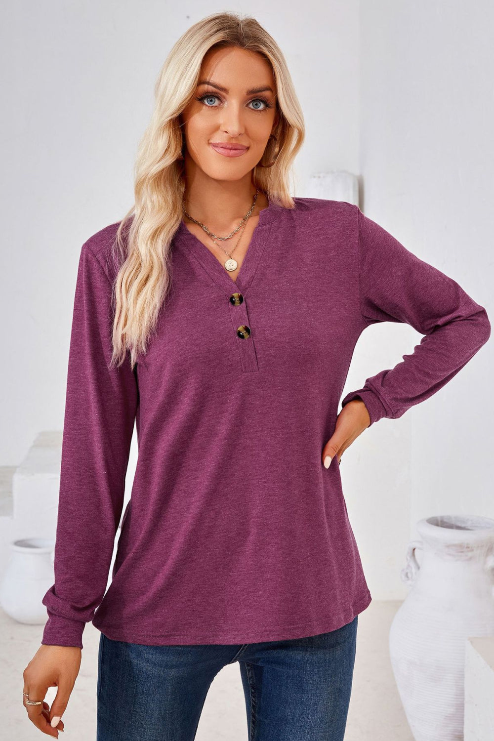 V-Neck Buttoned Long Sleeve Blouse BLUE ZONE PLANET