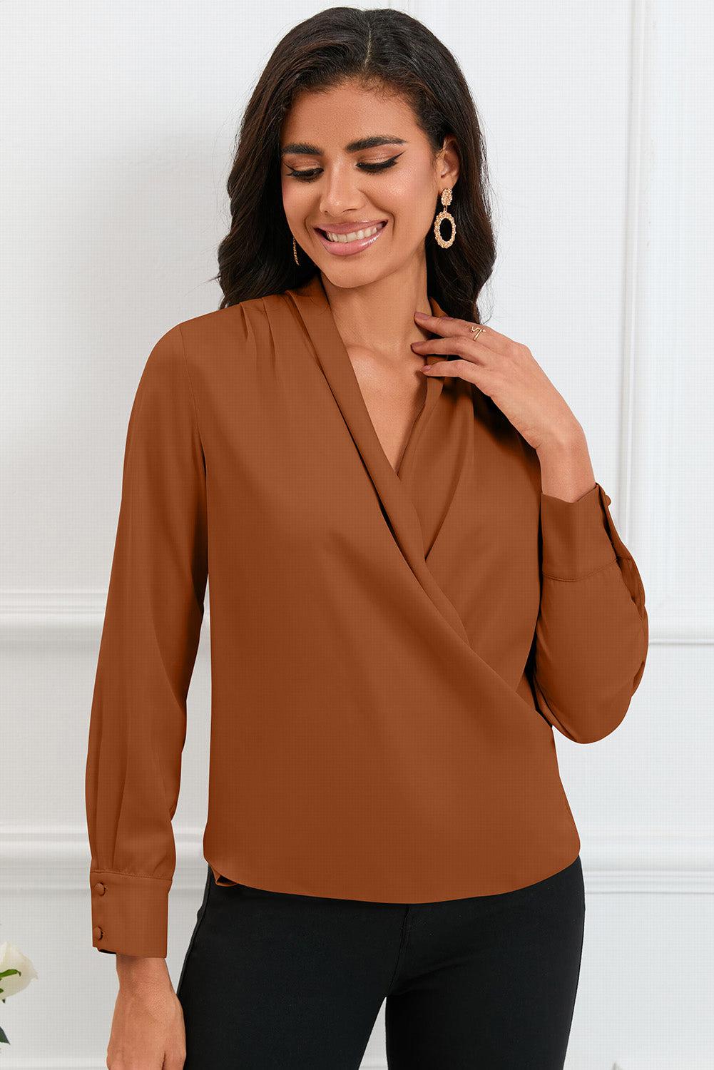 V-Neck Buttoned Long Sleeve Blouse BLUE ZONE PLANET