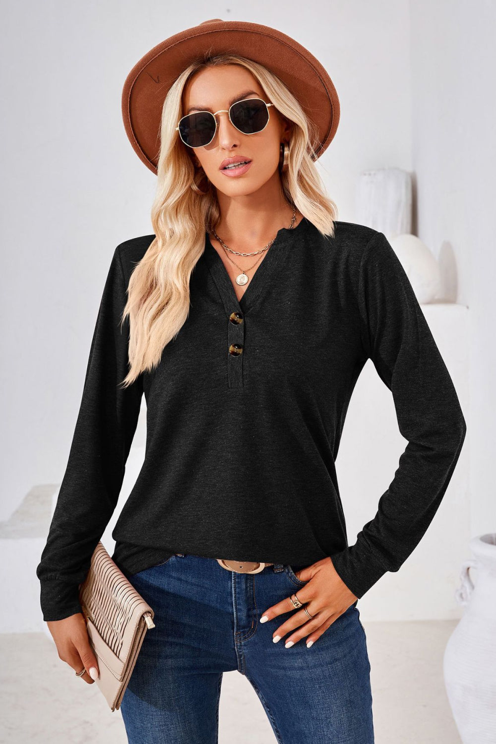 V-Neck Buttoned Long Sleeve Blouse BLUE ZONE PLANET