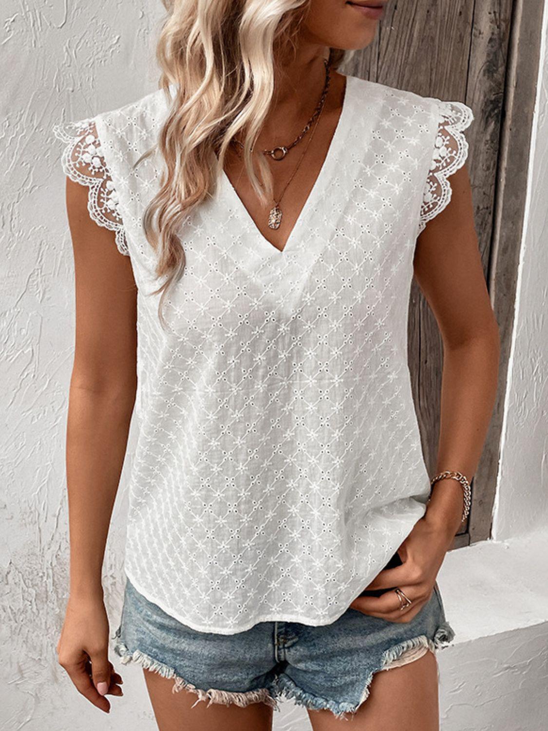 V-Neck Cap Sleeve Spliced Lace Top BLUE ZONE PLANET