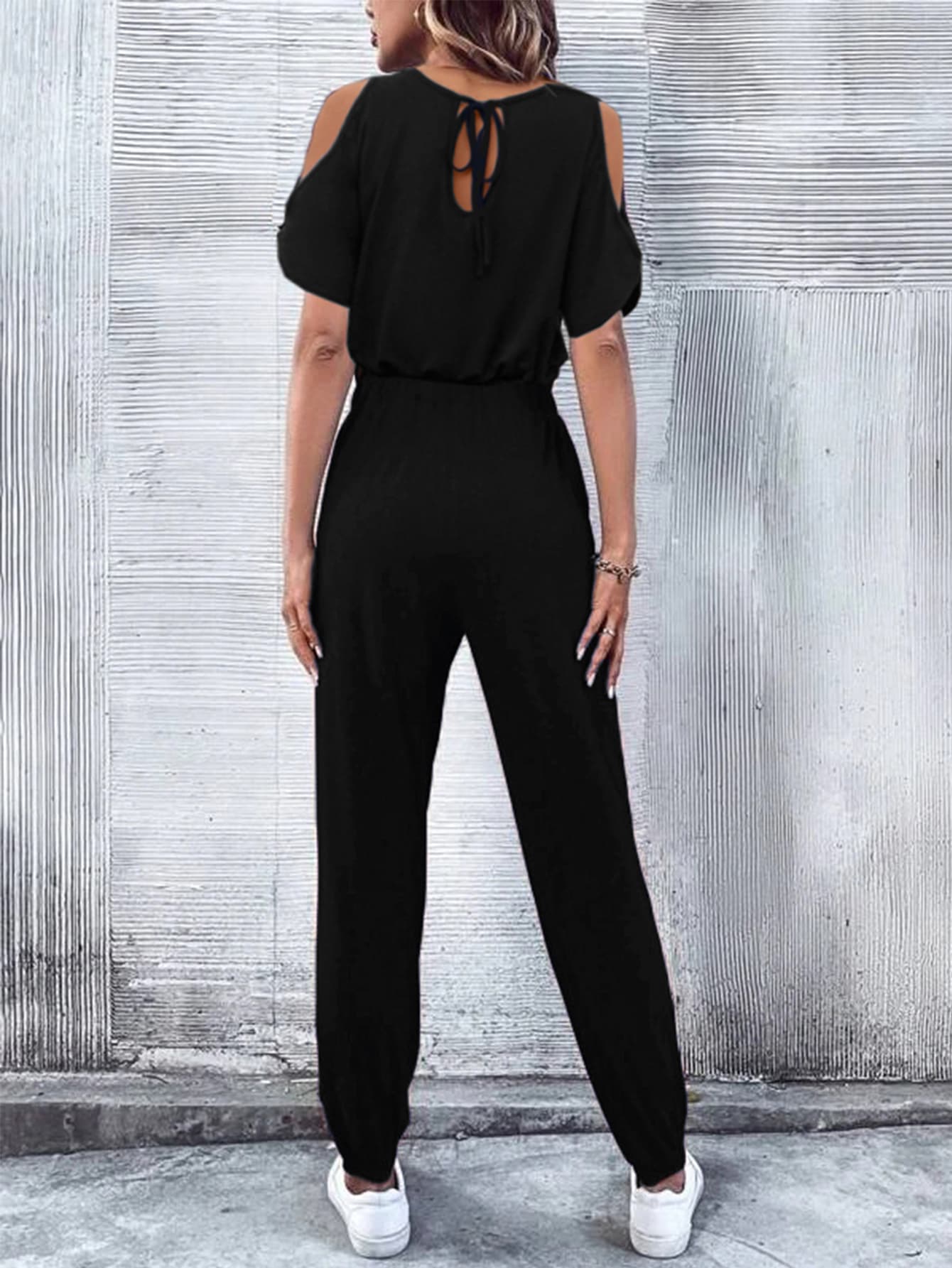 V-Neck Cold-Shoulder Jumpsuit with Pockets BLUE ZONE PLANET