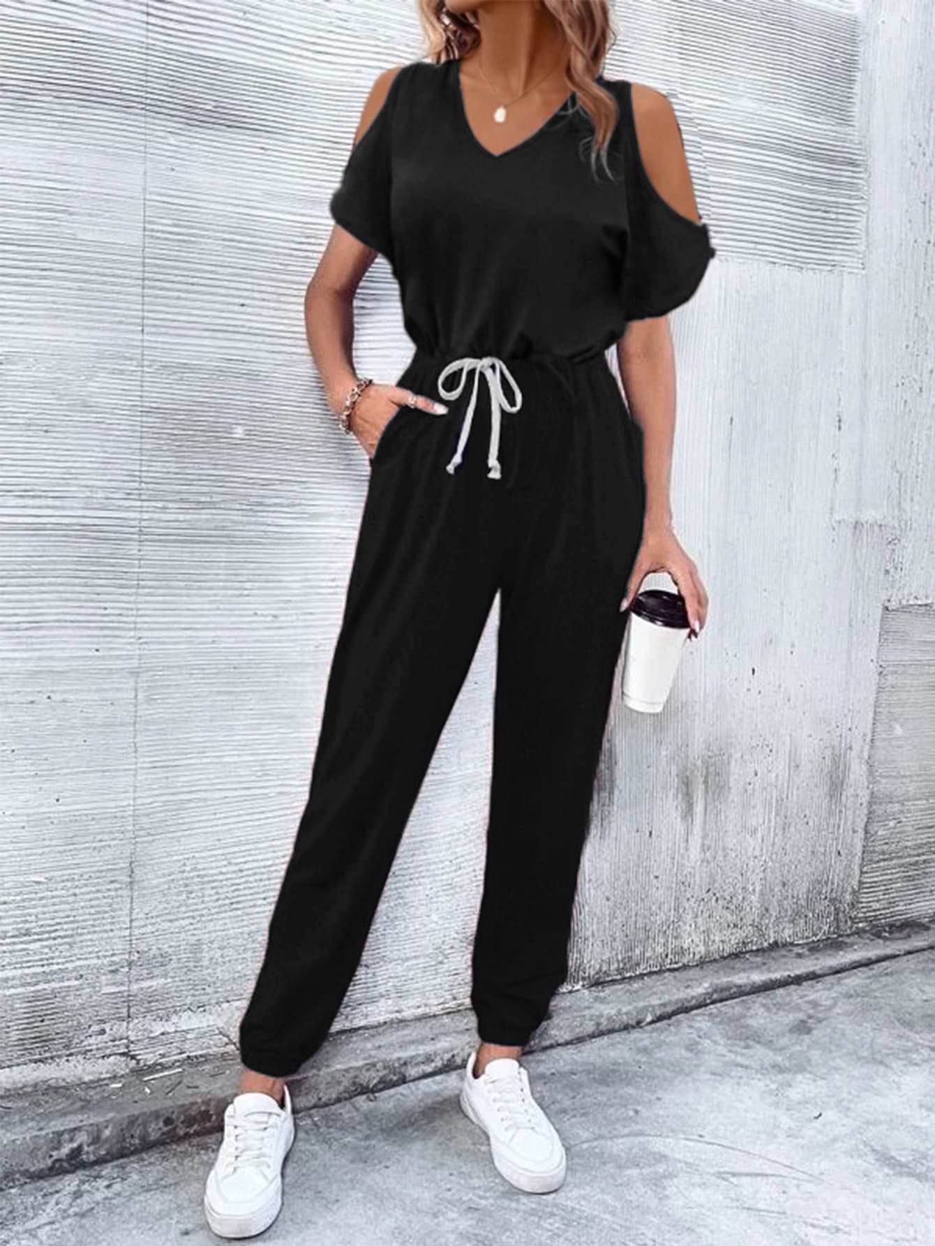 V-Neck Cold-Shoulder Jumpsuit with Pockets BLUE ZONE PLANET