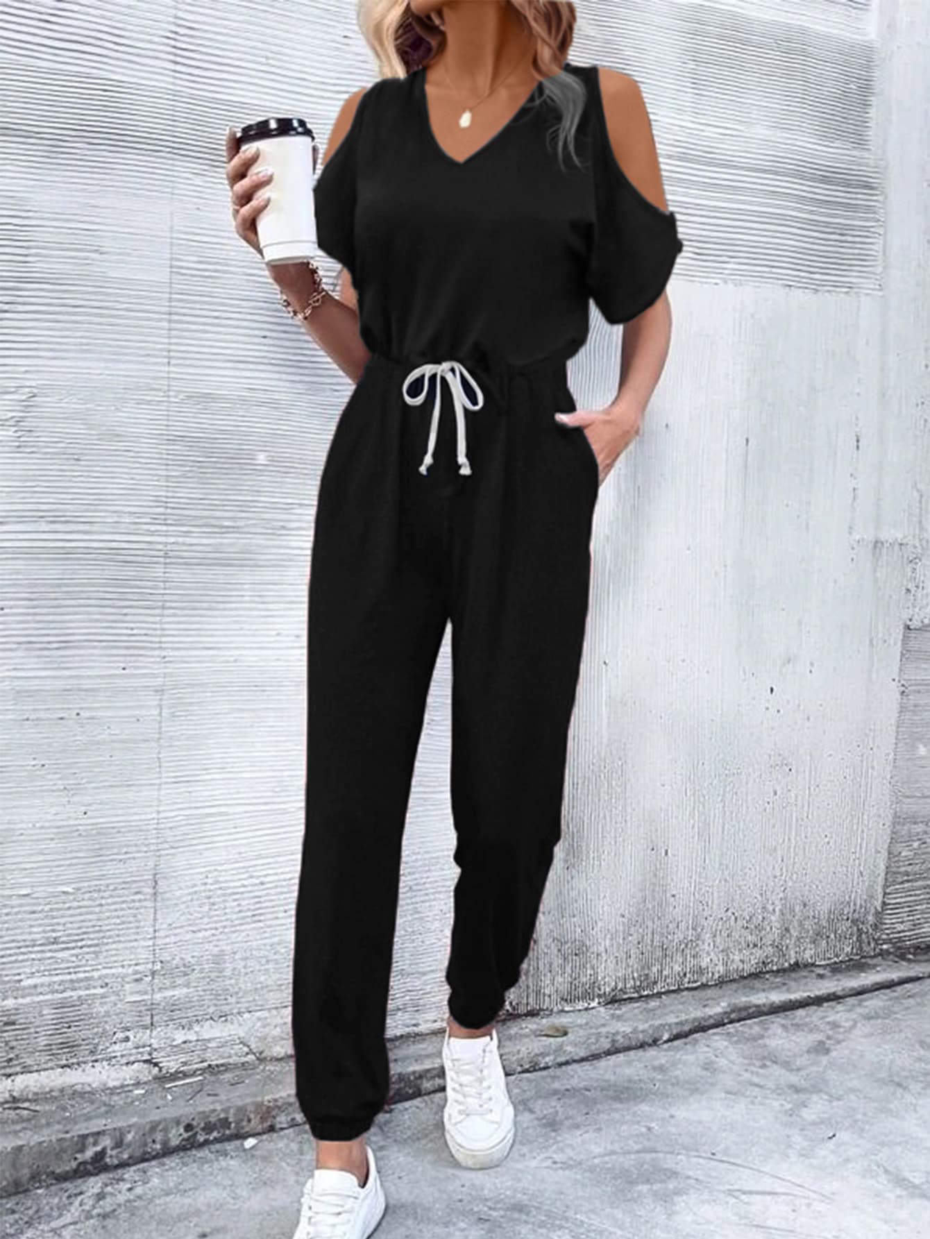 V-Neck Cold-Shoulder Jumpsuit with Pockets BLUE ZONE PLANET