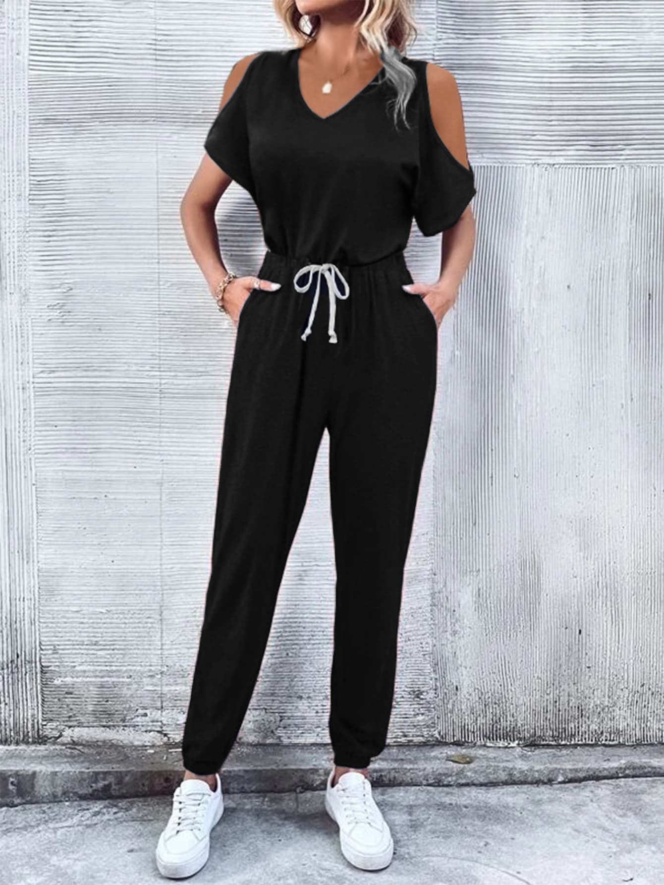 V-Neck Cold-Shoulder Jumpsuit with Pockets BLUE ZONE PLANET