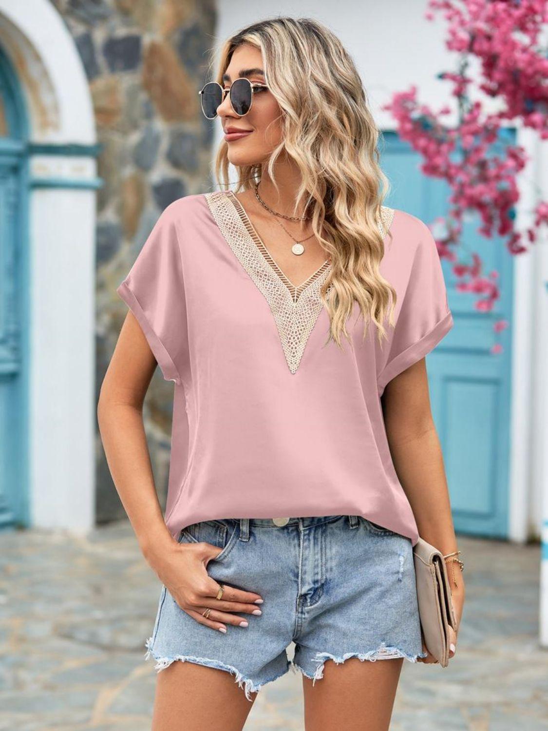 V-Neck Cuffed Blouse BLUE ZONE PLANET