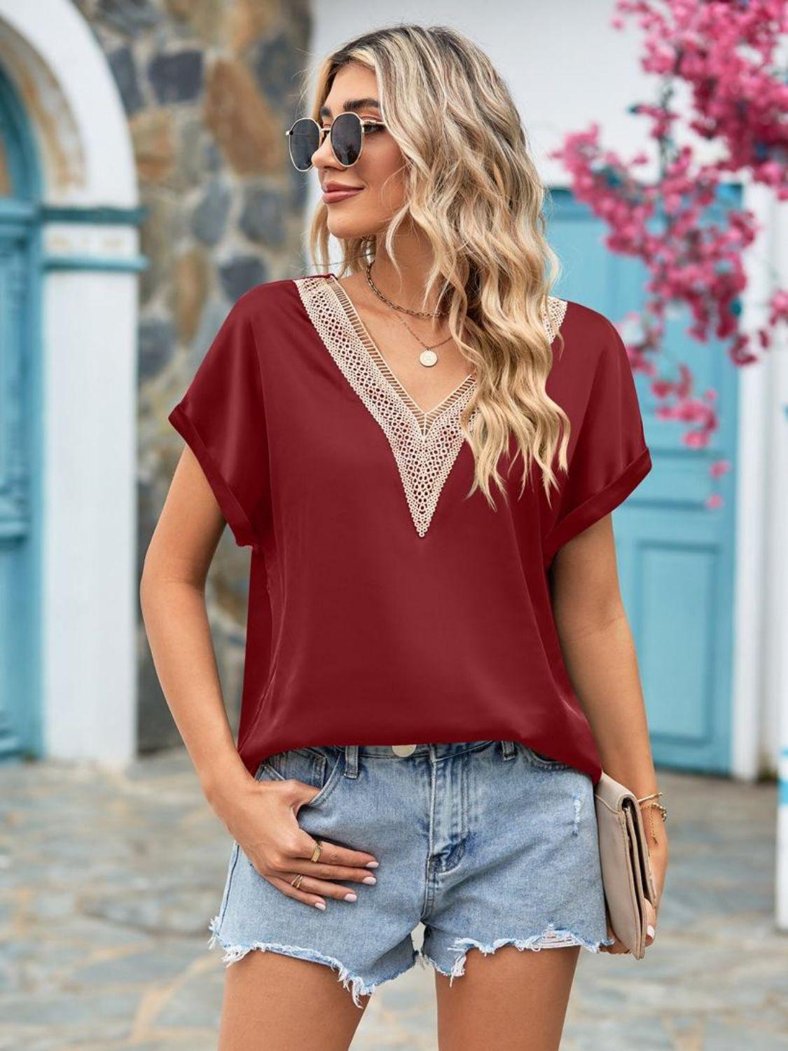 V-Neck Cuffed Blouse BLUE ZONE PLANET