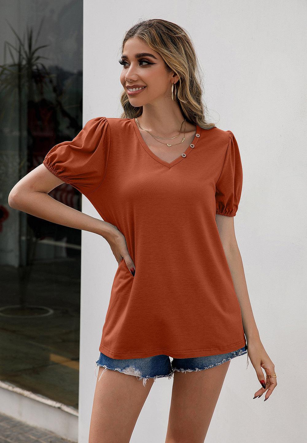 V-Neck Decorative Buttons Puff Sleeve Tee BLUE ZONE PLANET