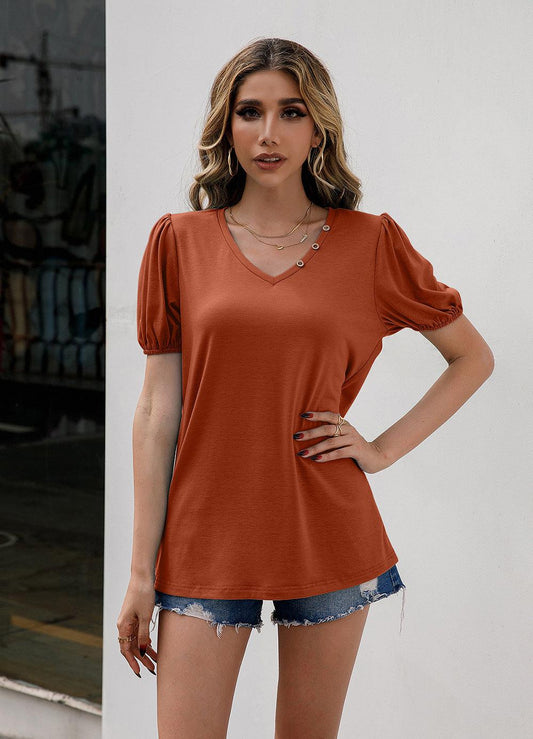V-Neck Decorative Buttons Puff Sleeve Tee BLUE ZONE PLANET