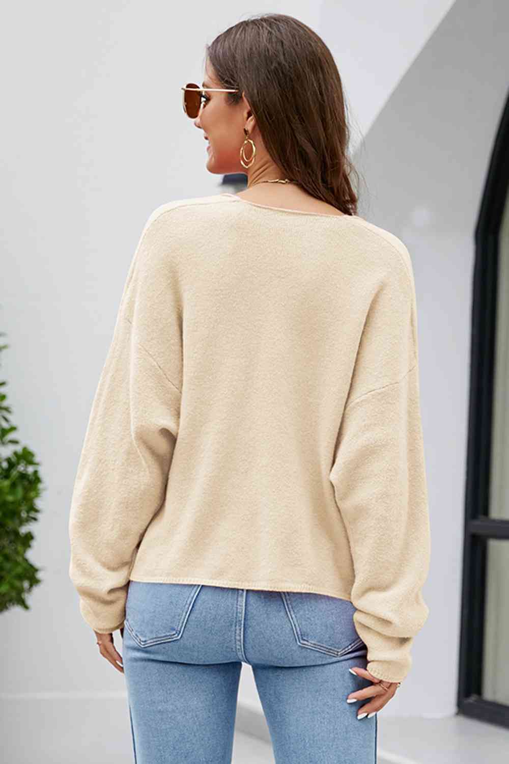 V-Neck Drop Shoulder Long Sleeve Knit Top BLUE ZONE PLANET