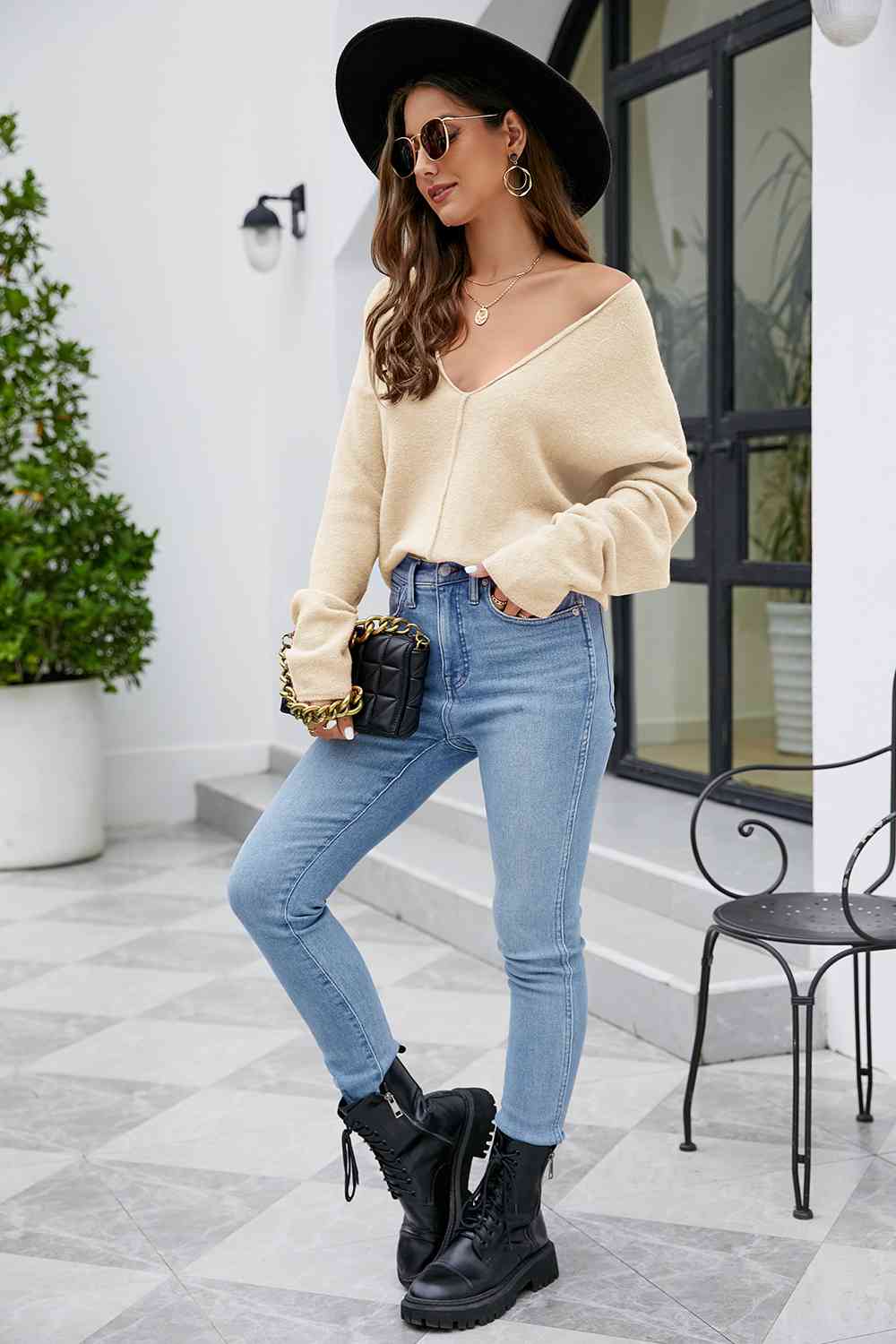 V-Neck Drop Shoulder Long Sleeve Knit Top BLUE ZONE PLANET