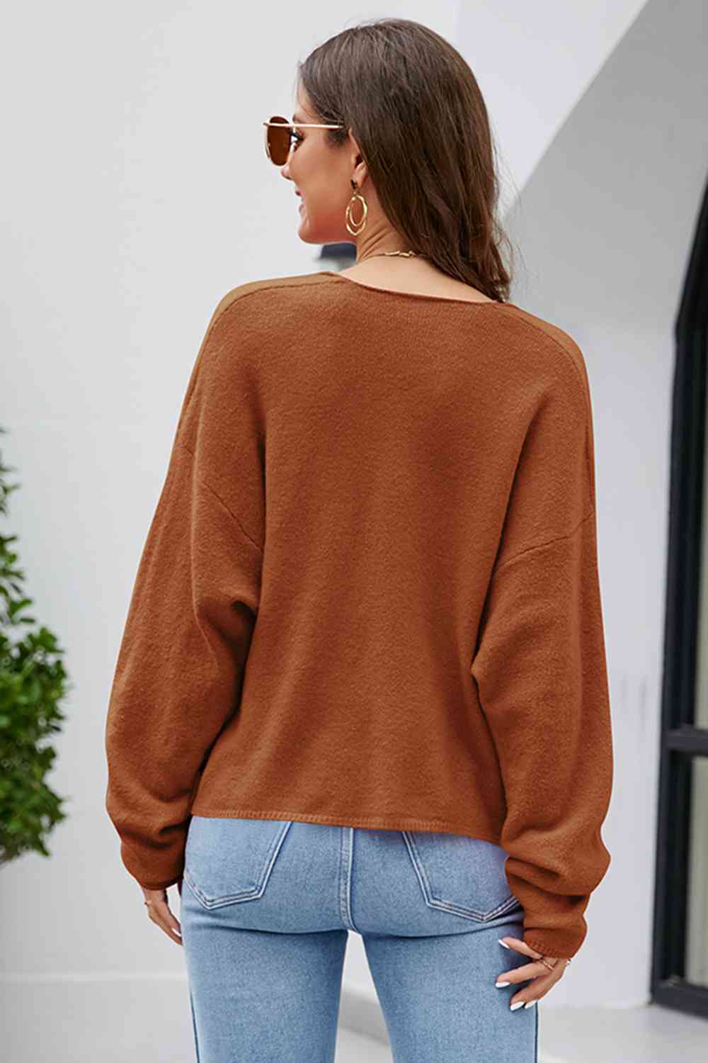 V-Neck Drop Shoulder Long Sleeve Knit Top BLUE ZONE PLANET