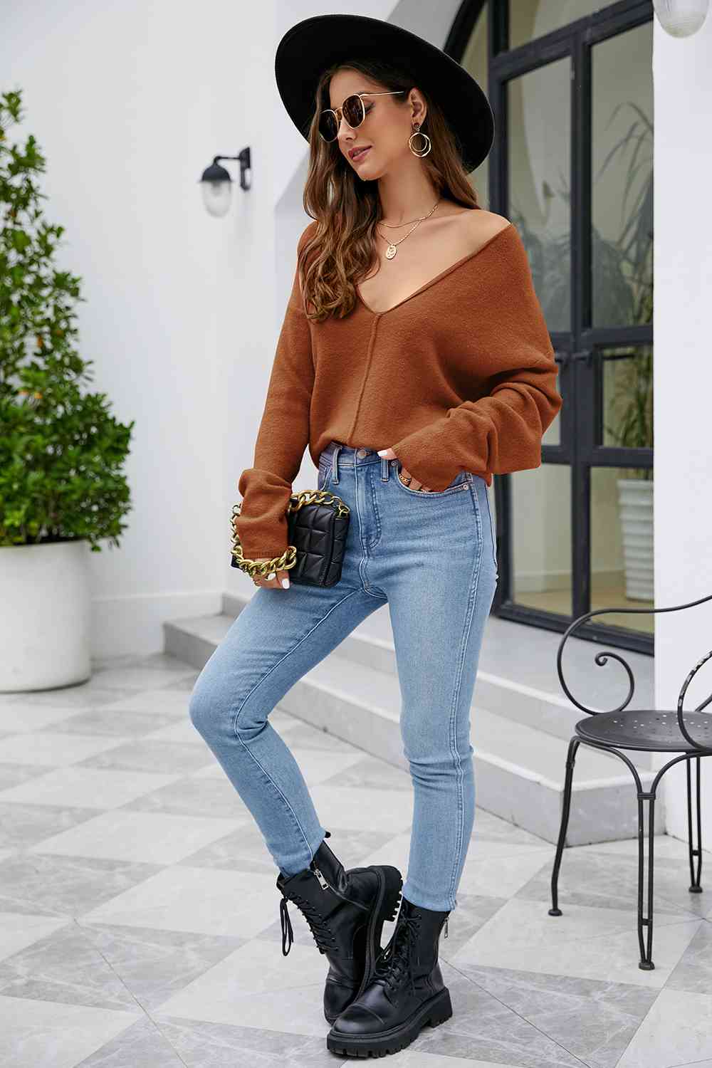 V-Neck Drop Shoulder Long Sleeve Knit Top BLUE ZONE PLANET