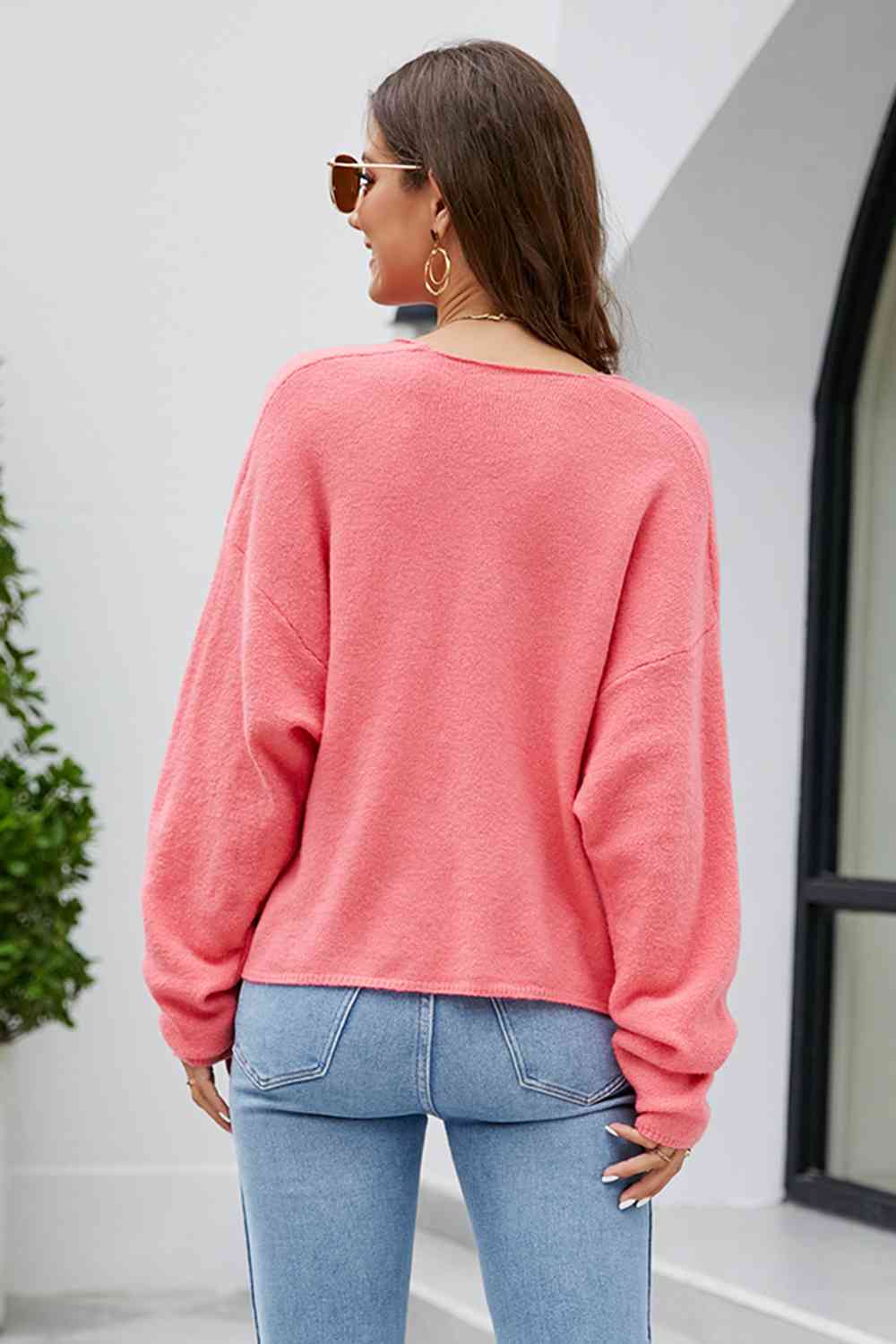 V-Neck Drop Shoulder Long Sleeve Knit Top BLUE ZONE PLANET