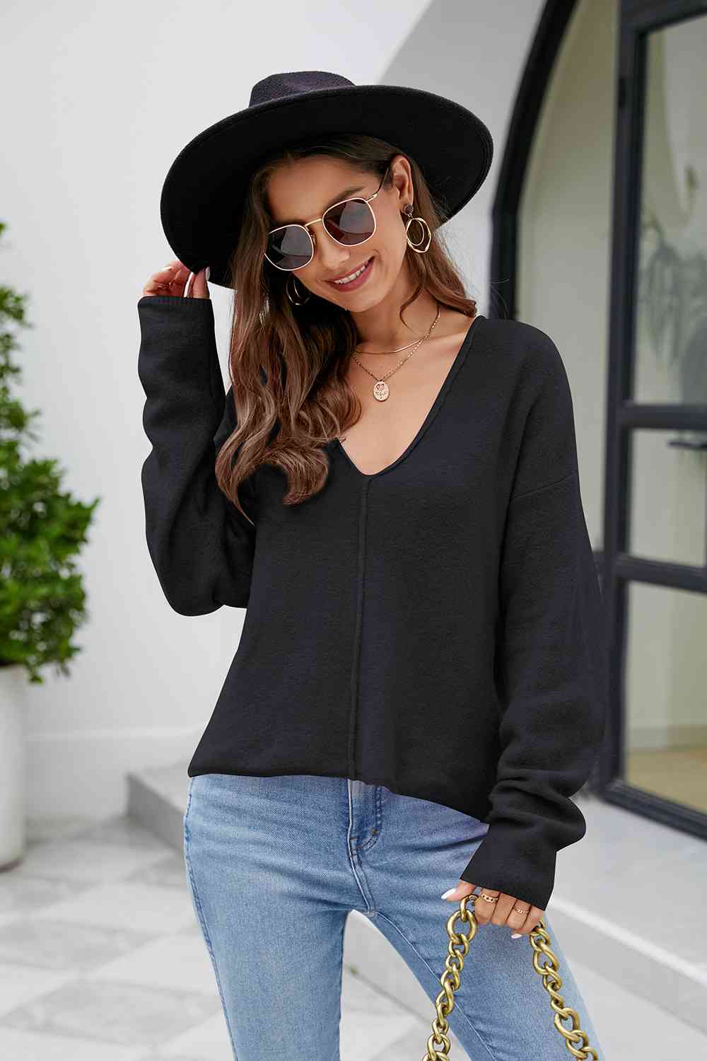 V-Neck Drop Shoulder Long Sleeve Knit Top BLUE ZONE PLANET