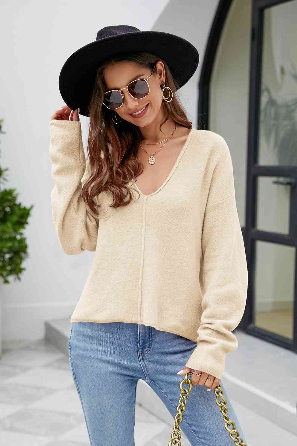 V-Neck Drop Shoulder Long Sleeve Knit Top BLUE ZONE PLANET