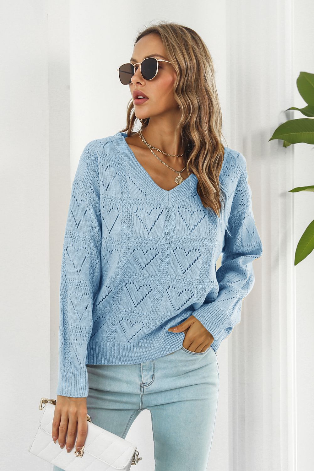 V-Neck Drop Shoulder Sweater BLUE ZONE PLANET