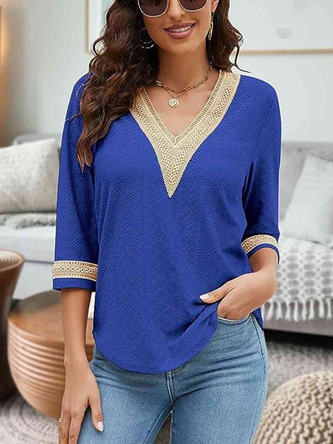 V-Neck Eyelet Blouse BLUE ZONE PLANET