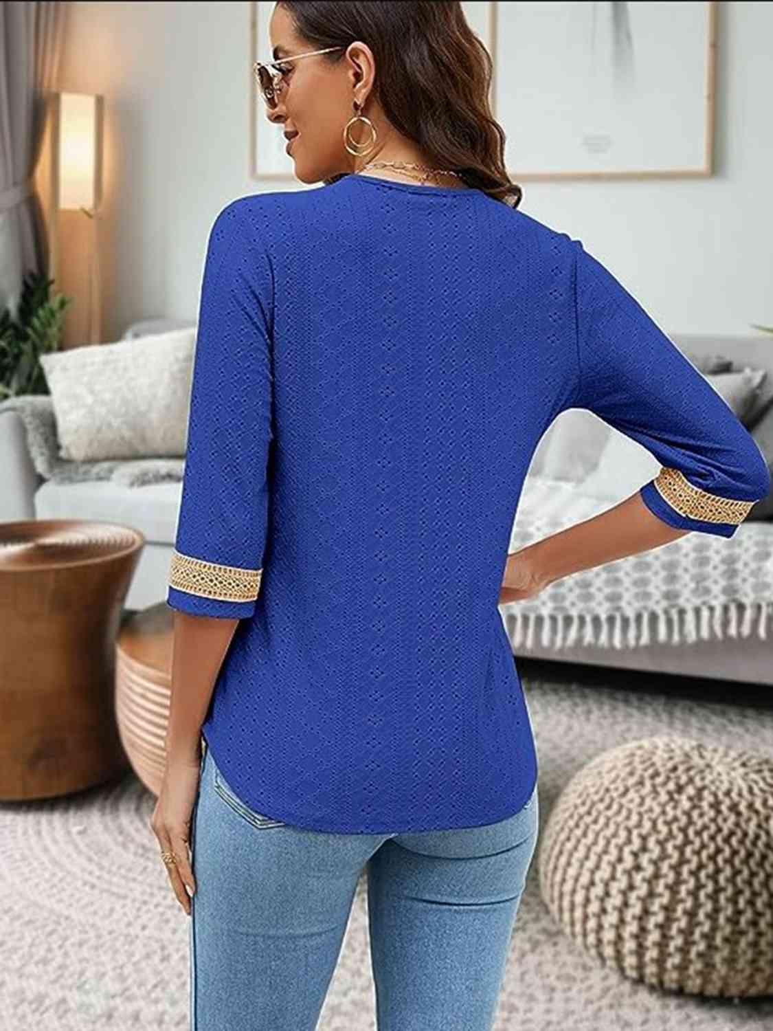 V-Neck Eyelet Blouse BLUE ZONE PLANET