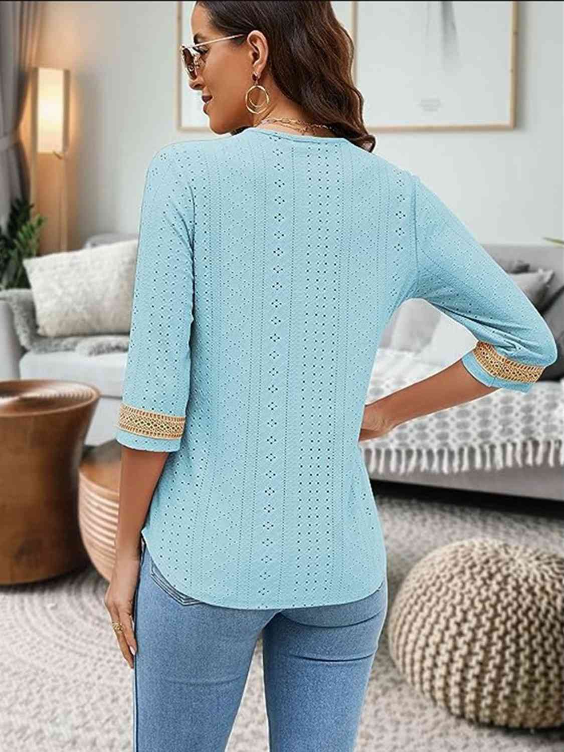 V-Neck Eyelet Blouse BLUE ZONE PLANET