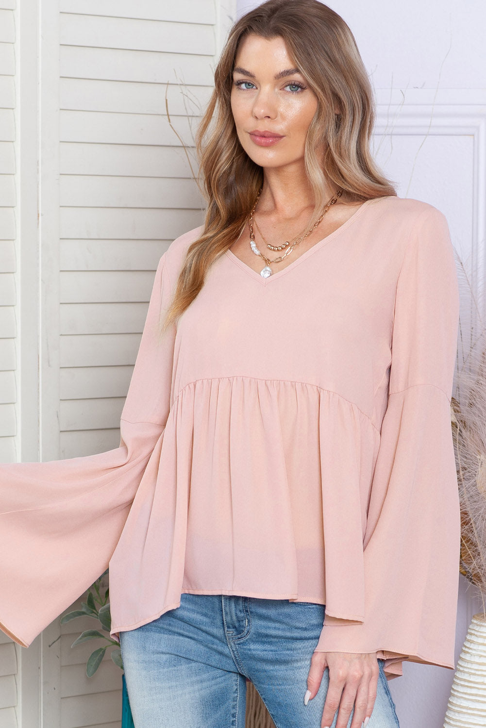 V-Neck Flare Sleeve Blouse BLUE ZONE PLANET