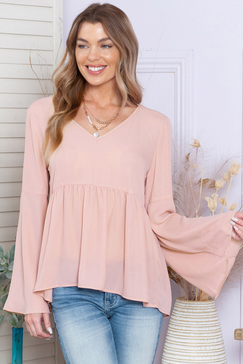 V-Neck Flare Sleeve Blouse BLUE ZONE PLANET