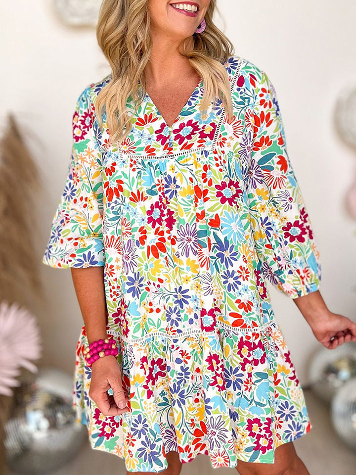 V-Neck Floral Print Long Sleeve Mini Dress BLUE ZONE PLANET