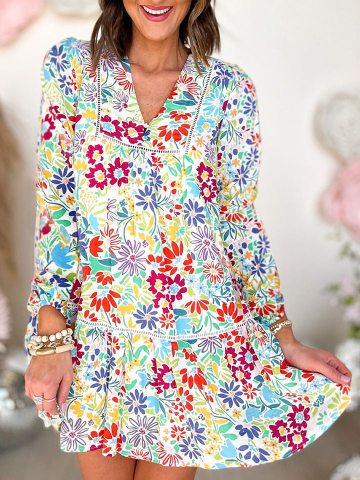 V-Neck Floral Print Long Sleeve Mini Dress BLUE ZONE PLANET