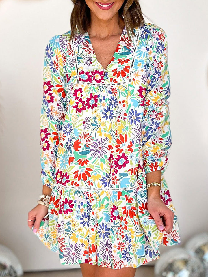 V-Neck Floral Print Long Sleeve Mini Dress BLUE ZONE PLANET