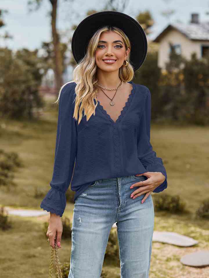 V-Neck Flounce Sleeve Blouse BLUE ZONE PLANET