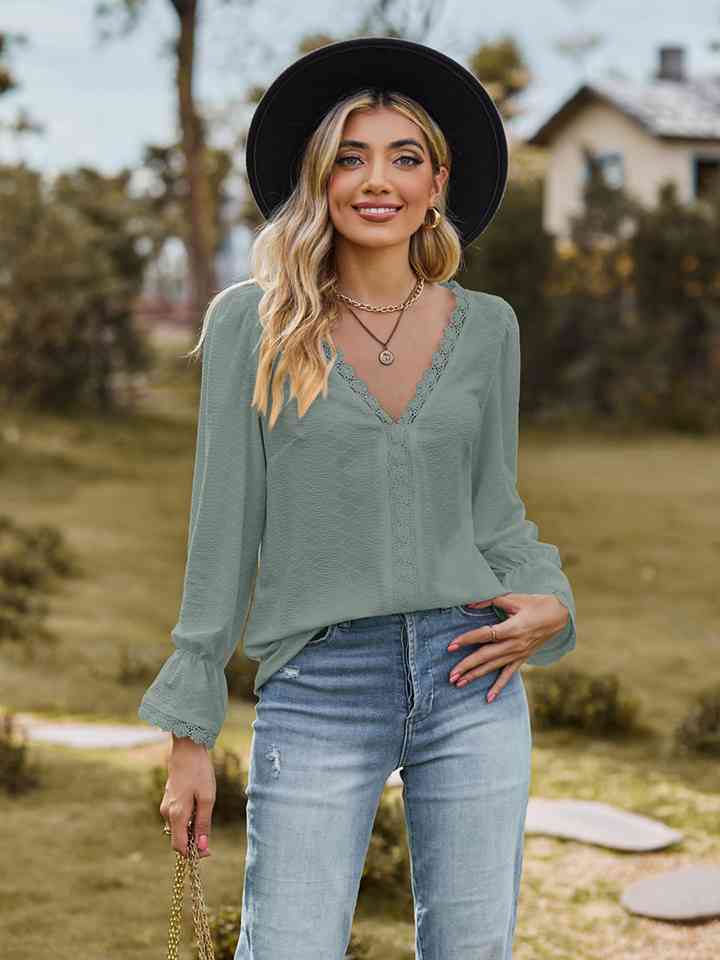 V-Neck Flounce Sleeve Blouse BLUE ZONE PLANET