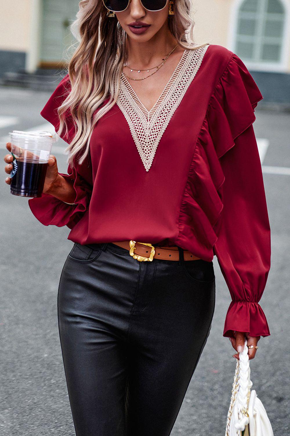 V-Neck Flounce Sleeve Ruffle Trim Blouse BLUE ZONE PLANET