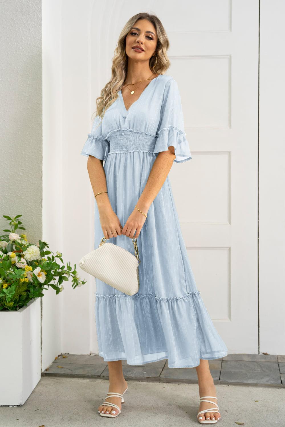 V-Neck Flounce Sleeve Smocked Waist High Slit Dress BLUE ZONE PLANET