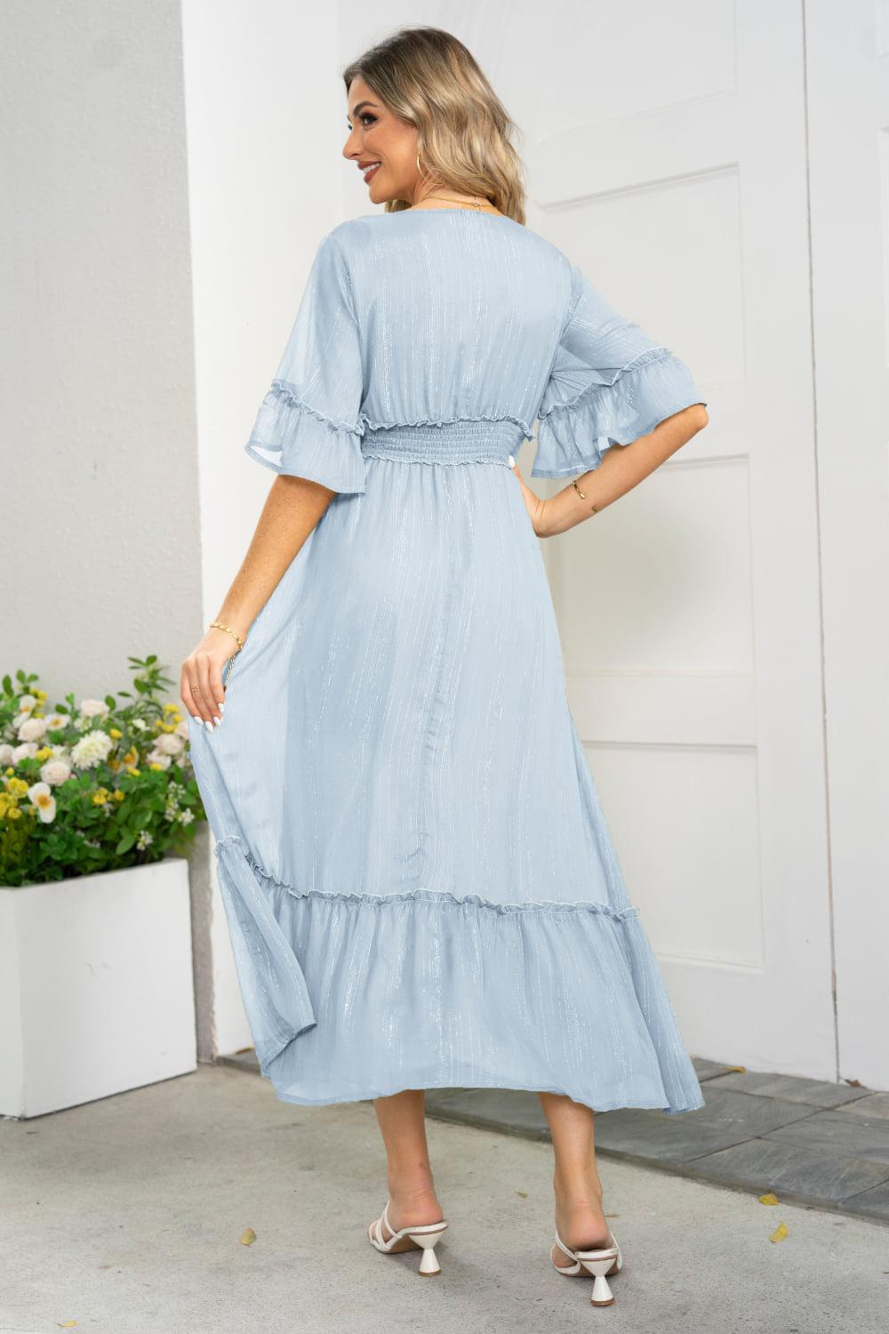 V-Neck Flounce Sleeve Smocked Waist High Slit Dress BLUE ZONE PLANET