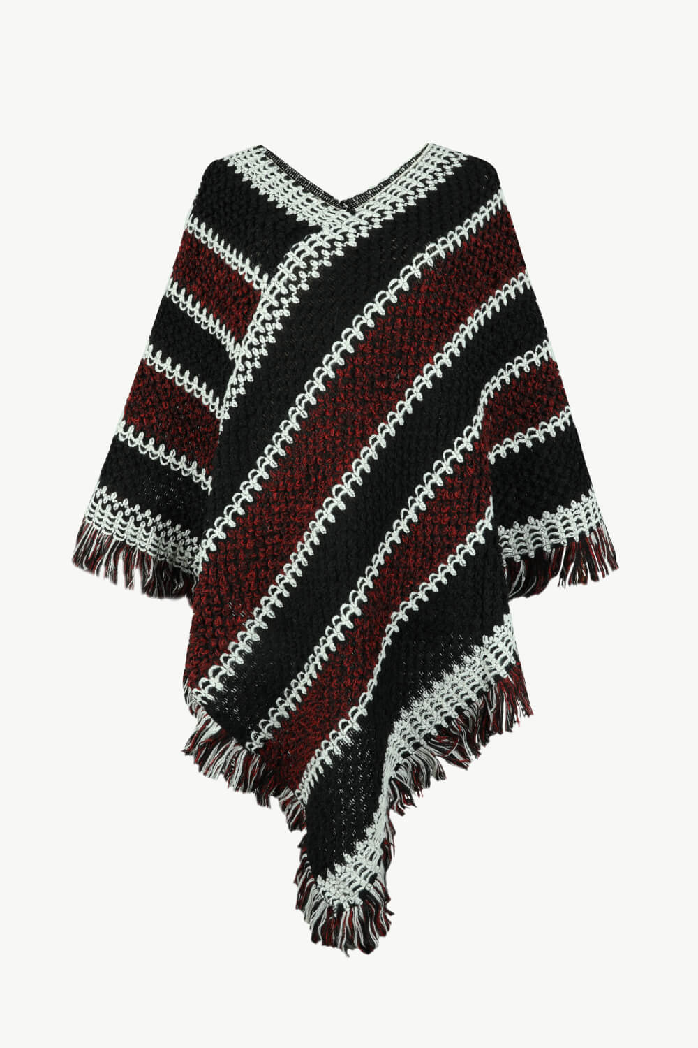 V-Neck Fringe Hem Poncho BLUE ZONE PLANET