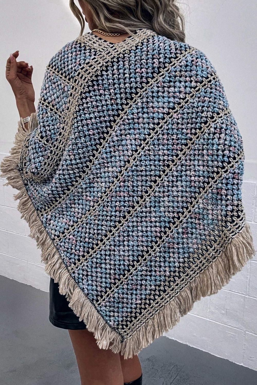 V-Neck Fringe Hem Poncho BLUE ZONE PLANET