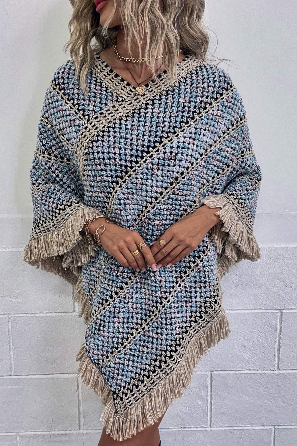 V-Neck Fringe Hem Poncho BLUE ZONE PLANET